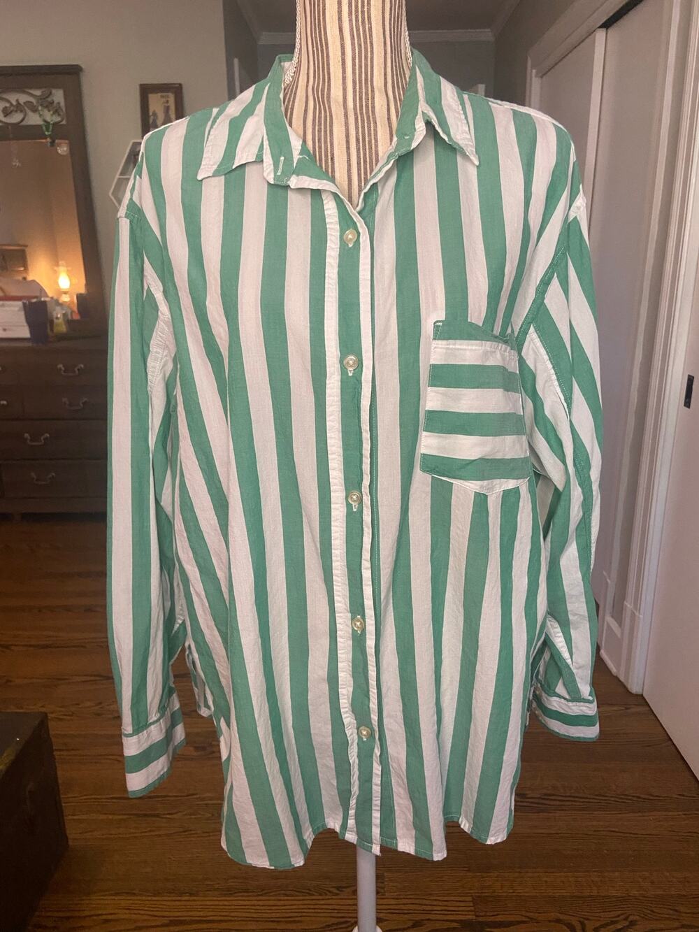Sonoma green & white awning stripe cotton button front long sleeve blouse